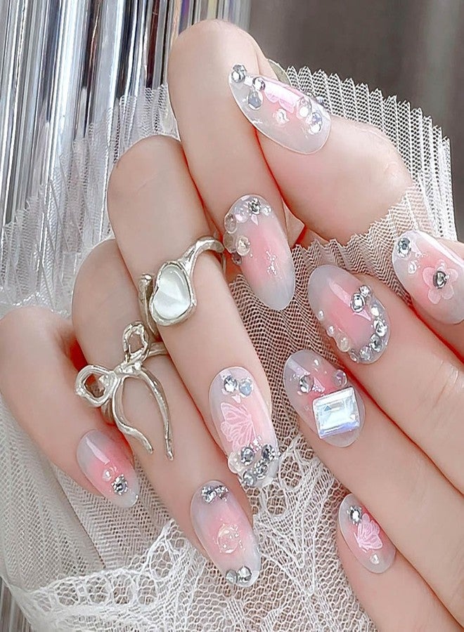 RikView Almond Press on Nails Short Fake Nails Pink Nails with 3D Rhinestones Glossy Full Cover Nails for Women 24 PCs/Set - Image 2
